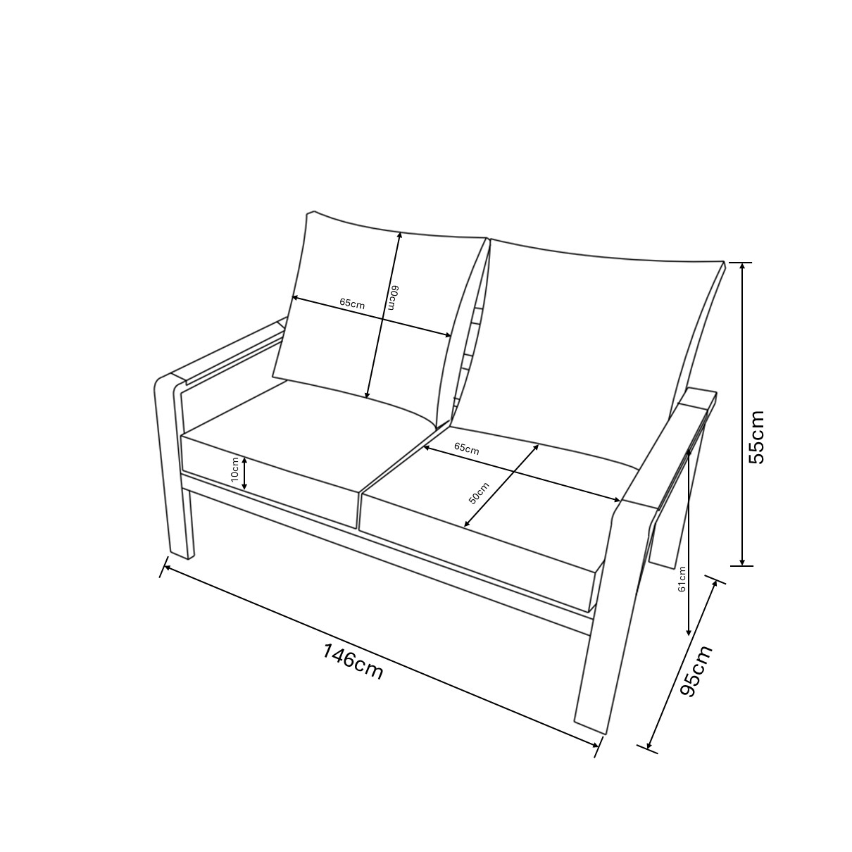 Sonas 2 Seat Lounge Set dimensions