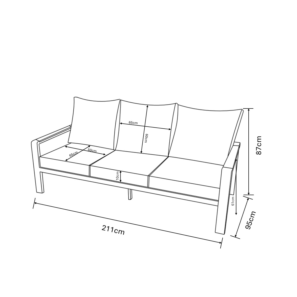 Sonas 3 Seat Lounge Set with Adjustable Table dimensions